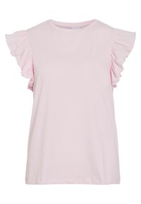 Helles rosa Kurzarmshirt mit Rüschendetails an den Schultern. Glattes Baumwollmaterial, runder Halsausschnitt und entspannter Schnitt mit geradem Saum.