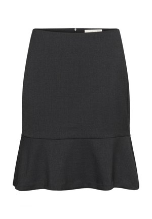Black flared skirt made of textured fabric, featuring a fitted waist and a ruffled hem. Simple design with no visible fastenings.
