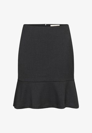 Schwarzer ausgestellter Rock aus strukturiertem Stoff, mit einer taillierten Passform und einem Rüschensaum. Einfaches Design ohne sichtbare Verschlüsse.