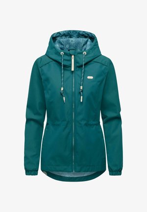 Petroleume capuchonjack met ritssluiting aan de voorkant, verstelbare trekkoorden, elastische manchetten, zijzakken en een patroonvoering aan de binnenkant van de capuchon.