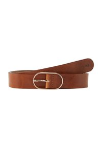 Ceinture en cuir marron avec une finition lisse, dotée d'une boucle ovale en métal argenté. Design simple sans motifs ni accents supplémentaires.