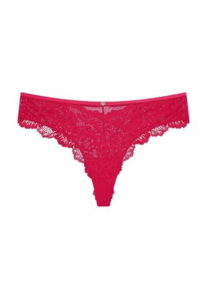 Hot pink lace thong with floral pattern, featuring scalloped edges and a satin bow detail at the front. Stretch fabric for comfort.