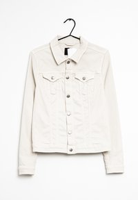 Giacca di jeans color beige chiaro con colletto, bottoni frontali, due tasche sul petto e maniche lunghe, caratterizzata da una texture liscia e un design semplice.
