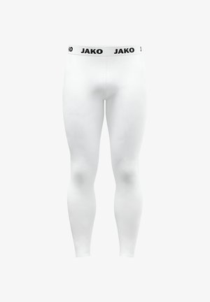 Leggings de compression blancs longueur totale avec ceinture élastique ornée du texte noir "JAKO" répété autour.