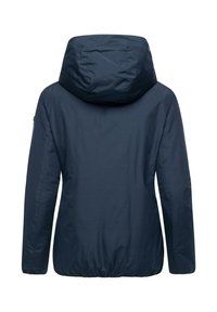 Navy blue hooded jacket with smooth, matte texture. Features elastic hem and cuffs, with no visible hardware or patterns. Back view displayed.