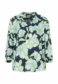 Marineblouse met grote witte en lichtblauwe bloemmotieven, V-hals, 3/4 mouwen en een zachte, gladde stoftextuur.