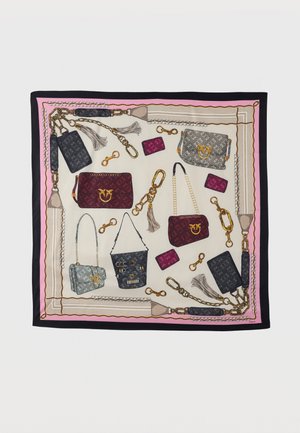 Foulard di seta con bordo rosa e nero, decorato con stampe di borse, catene, nappe e portachiavi in vari colori e motivi.