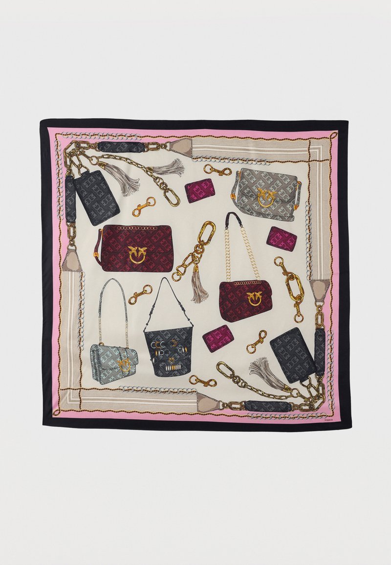 Μεταξωτό φουλάρι με ροζ και μαύρο περίγραμμα, διακοσμημένο με εκτυπωμένες τσάντες, αλυσίδες, φουντίτσες και μπρελόκ σε διάφορα χρώματα και σχέδια.