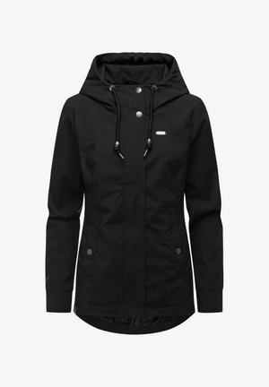 Zwarte gewatteerde jas met knoopsluiting aan de voorkant, verstelbare capuchon met trekkoord en twee zijzakken met knoopsluiting.