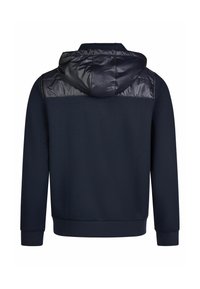 Marineblauwe sweater met trekkoorden aan de capuchon; heeft een glanzende, doorgestikte schouderpas en geribbelde manchetten en zoom. Zachte, gestructureerde stof.