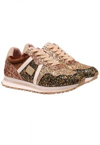 Sneakers scintillanti con una palette di colori misti di oro, rosa e nero. Presentano una tomaia testurizzata, un collo imbottito e una suola in gomma.