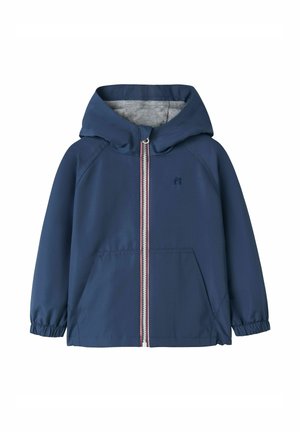 Giacca con cappuccio per bambini di colore blu scuro, con cerniera frontale, polsini elastici, due tasche frontali e una fodera interna grigio chiaro.