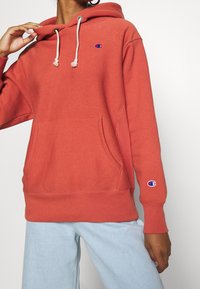 Hoodie w kolorze rdzy wykonany z miękkiego materiału, z kieszenią z przodu, kapturem ze sznurkiem oraz haftowanym logo na klatce piersiowej i rękawie.