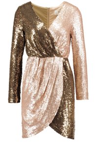 Robe à sequins avec une conception enroulée, de couleurs doré et rose pâle, manches longues et finition texturée. Fermeture à glissière au dos.