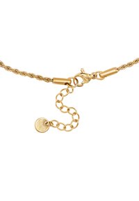Collier en chaîne torsadée en or avec un fermoir à homard, une chaîne d'extension et un petit pendentif rond avec un logo gravé.