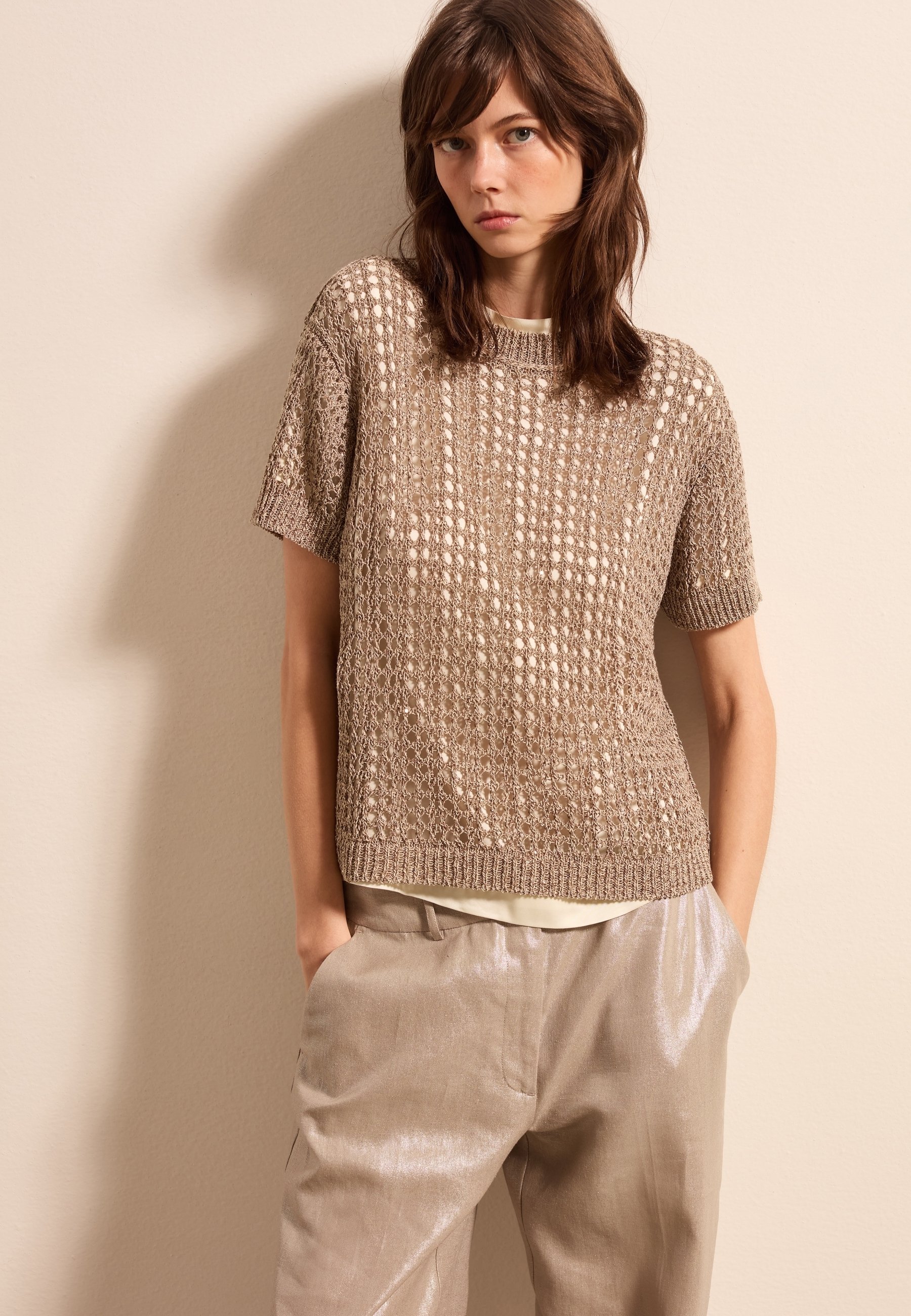 Pull Léger Surdimensionné Stefanel En Lin Avec Impression Paillettes Beige - Taille S, Neuf Sans étiquettes ST719