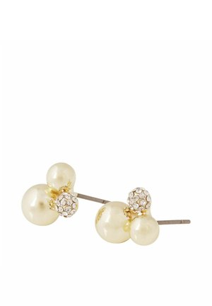 Gold-tone stud earrings featuring three pearls in varying sizes and a crystal accent, with a smooth and glossy surface.