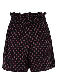 Pantaloni neri con cintura arricciata, caratterizzati da un motivo a diamanti rosa. Realizzati in tessuto leggero, includono tasche laterali.