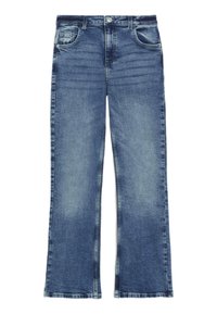 Jeans en denim bleu évasés avec un lavage moyen, comportant cinq poches, une fermeture éclair et un léger dégradé. Le matériau présente une finition douce et texturée.