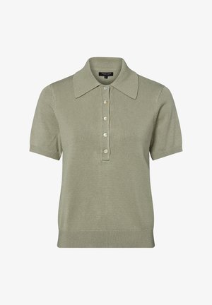 Korte mouw polo in lichtgroen ribgebreid materiaal, met een puntige kraag en een knoopsluiting van vijf knopen met ronde, doorschijnende knopen.