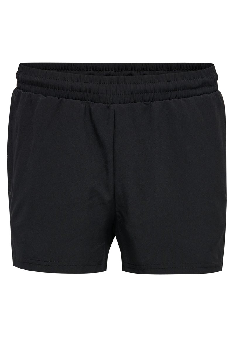 Pantalones cortos atléticos negros con cintura elástica, tejido suave y un diseño simple sin bolsillos ni adornos.