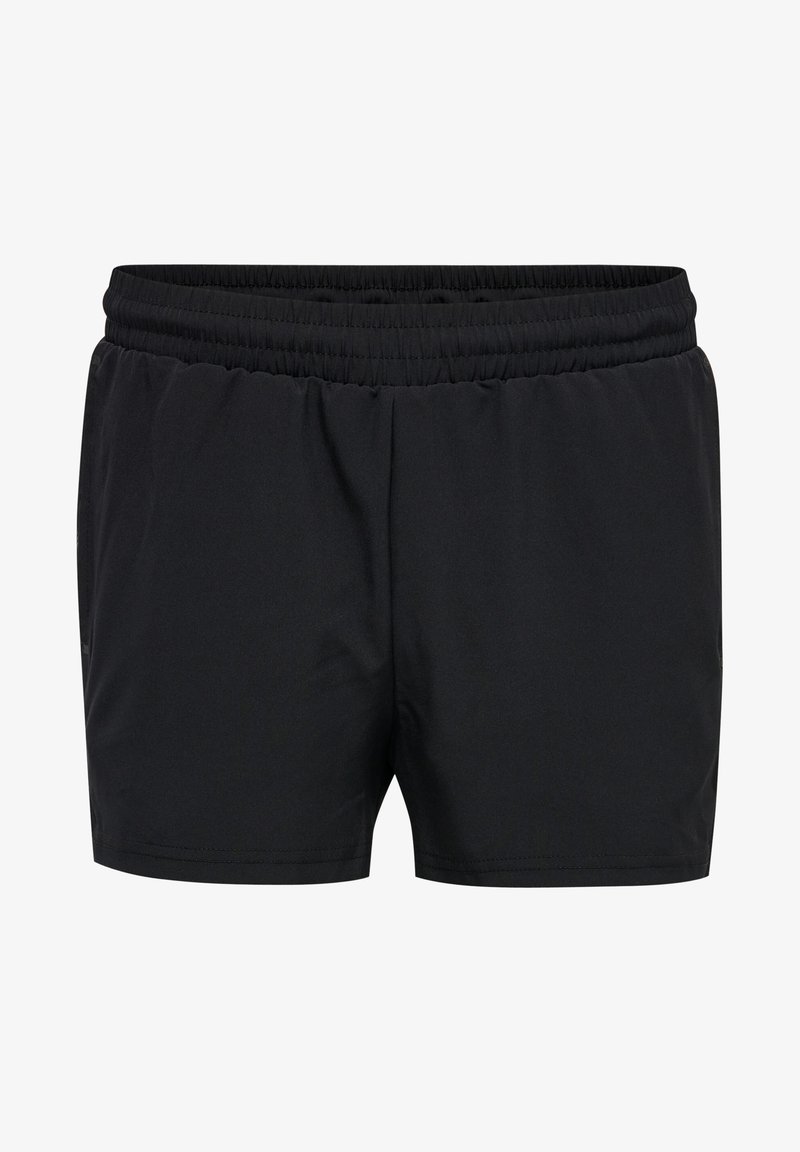 Pantalones cortos atléticos negros con cintura elástica, tejido suave y un diseño simple sin bolsillos ni adornos.