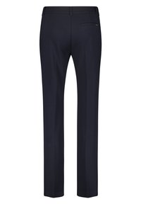 Marinblå skräddarsydda byxor med rak bendesign, tillverkade av ett glatt tyg. Har en bakficka och subtila sömnadsdetaljer.