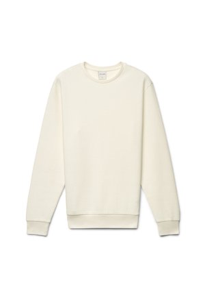 Langärmliger cremefarbener Rundhals-Pullover mit gerippten Bündchen und Saum, auf einem flachen weißen Hintergrund dargestellt.
