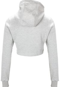 Grijze cropped hoodie met een voorzak (kangaroo pocket), lange mouwen en een capuchon met trekkoord, gemaakt van een zachte, gestructureerde stof.
