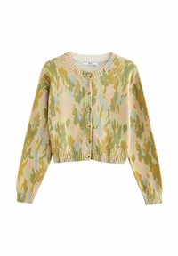 Cardigan tricotat cu un design scurt, cu decolteu �în V, închidere cu buton și un model de camuflaj multicolor în nuanțe pastelate.