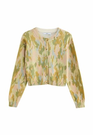 Knitted cardigan featuring a cropped design with a V-neck, button closure, and a multicolor camouflage pattern in pastel shades.