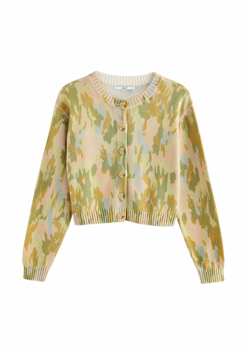 Cardigan tricotat cu un design scurt, cu decolteu în V, închidere cu buton și un model de camuflaj multicolor în nuanțe pastelate.