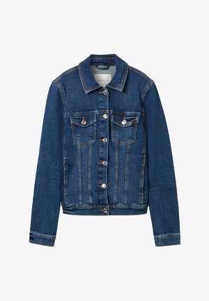 Tumedast denimist jakk tumesinises, klassikalise kraega, esise nupulukuga, kahe rinnaotstaskuga ja kontrastsete õmblusdetailidega.