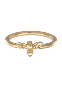 Goldfarbener Ring mit einer glatten Band und einem Bienenmotiv. Die Biene hat detaillierte Flügel und einen segmentierten Körper. Mit der Prägung 925.