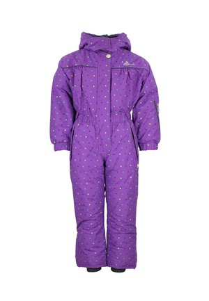 Paars kindermaten wintersneeuwpak met capuchon, elastische taille, volledige rits en kleine meerkleurige vierkante patronen.