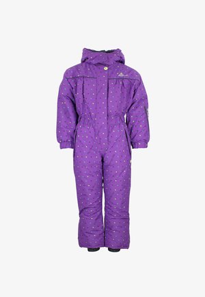 Paars kindermaten wintersneeuwpak met capuchon, elastische taille, volledige rits en kleine meerkleurige vierkante patronen.