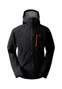 Sort vandtæt jakke med lynlås foran, justerbar hætte og orange detaljer. Har en brystlomme og elastiske manschetter for en tæt pasform.