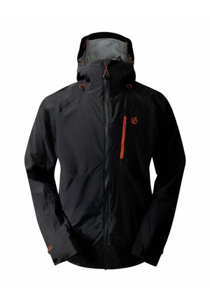 Giacca nera impermeabile con zip frontale, cappuccio regolabile e dettagli arancioni. Presenta una tasca sul petto e polsini elasticizzati per una vestibilità aderente.