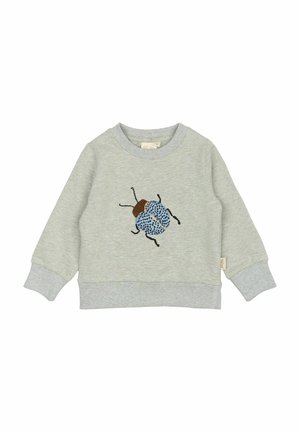 Hellgrau sweatshirt mit geripptem Ausschnitt und Bündchen. Verfügt über eine blaue Käfer-Stickerei auf der Vorderseite, mit braunen Akzenten auf der Rückseite.