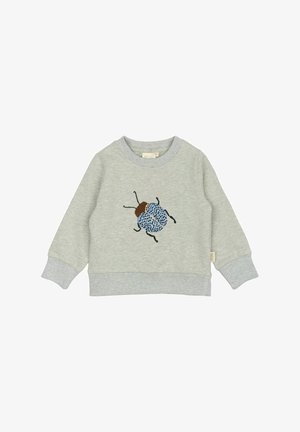 Vaaleanharmaa collegepaita, jossa on ribbireunat kauluksessa ja hihoissa. Edessä on sininen kovakuoriainen-ompelu ja takana ruskeita yksityiskohtia.