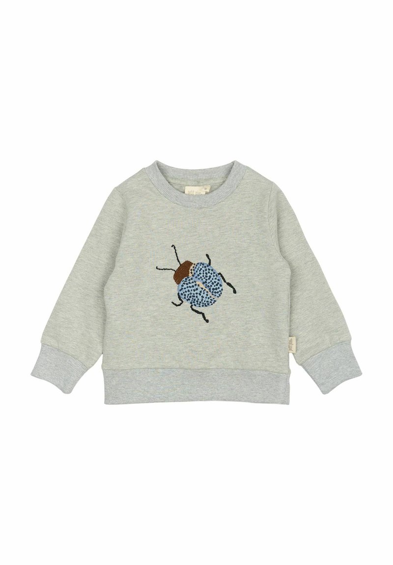 Sweat-shirt gris clair avec un col et des poignets côtelés. Il présente une broderie de scarabée bleu à l'avant, avec des accents marron à l'arrière.