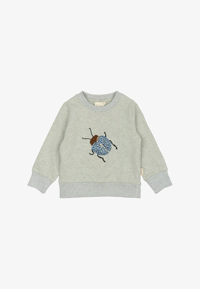 Felpa grigia chiara con colletto e polsini a coste. Presenta un ricamo di un scarabeo blu sul davanti, con accenti marroni sul retro.