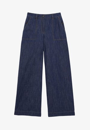 Wijde donkerblauwe denimbroek met voorzakken, knoopsluiting en riemlussen.