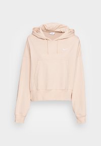 Light beige cropped hoodie made of soft fabric. Features a front pocket, drawstring hood, and a small white logo on the chest.