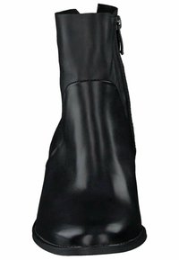 Černé kožené kotníkové boty s kulatou špičkou, bočním zipem a hladkým, lesklým povrchem. Plná podrážka a minimalistický design.