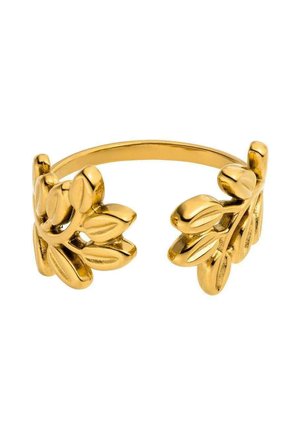 Gold-colored open bangle bracelet with detailed leaf designs on both ends against a white background.