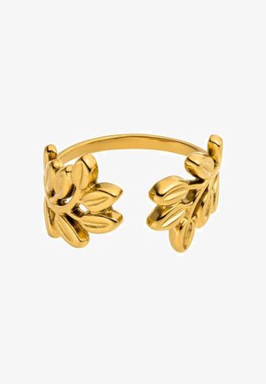 Gold-colored open bangle bracelet with detailed leaf designs on both ends against a white background.