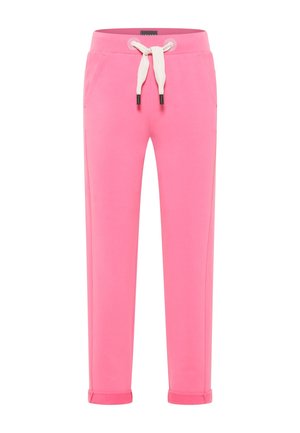 Rosa Sporthose aus weichem Material, mit einem cremefarbenen Kordelzugbund, zwei Seitentaschen und umgeschlagenen Bündchen am Saum.