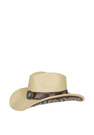 Cappello da cowboy beige intrecciato con tesa curva, decorato con una fascia di pelle marrone con disegni floreali turchesi e rosa.