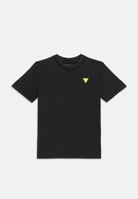Black cotton t-shirt with a round neck, short sleeves, and a small neon green triangular logo on the chest. Clean and simple design.